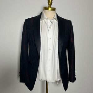 After Hours Tuxedo Jacket Mens 36S Black Burgundy Paisley Shawl Lapel Slim Fit